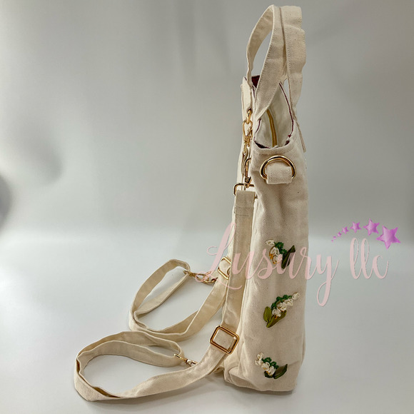 Lily Of The Valey Embroidery Convertible Backpack Tote Crossbody Bag, White main image 6